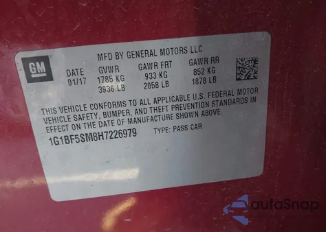 2017 Chevrolet Cruze Premier Auto z USA, uszkodzony, nr VIN 1G1BF5SM8H7226979